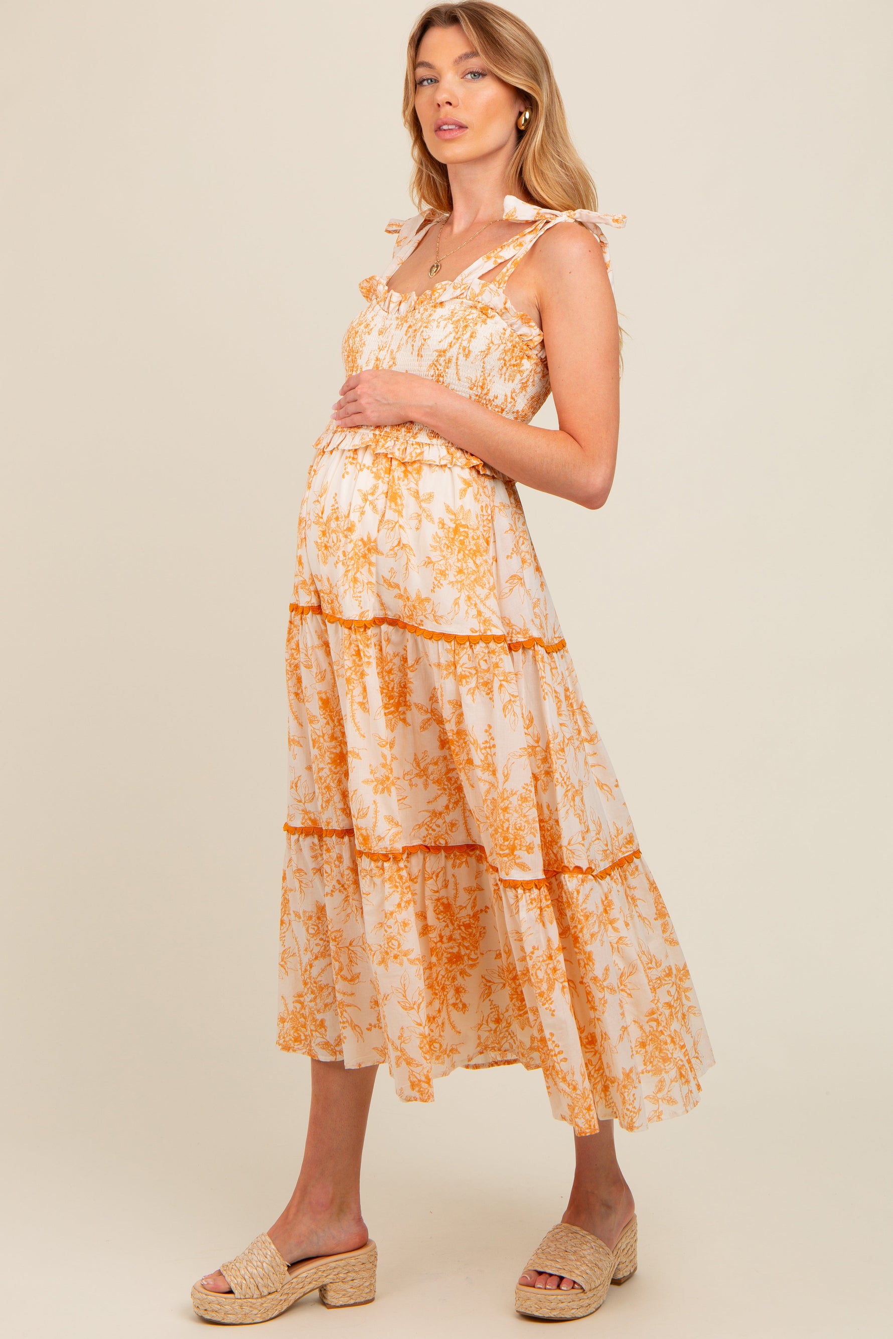 PinkBlush peach floral sleeveless ruffle tiered maternity midi dress