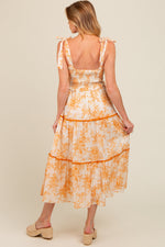 PinkBlush peach floral sleeveless ruffle tiered maternity midi dress
