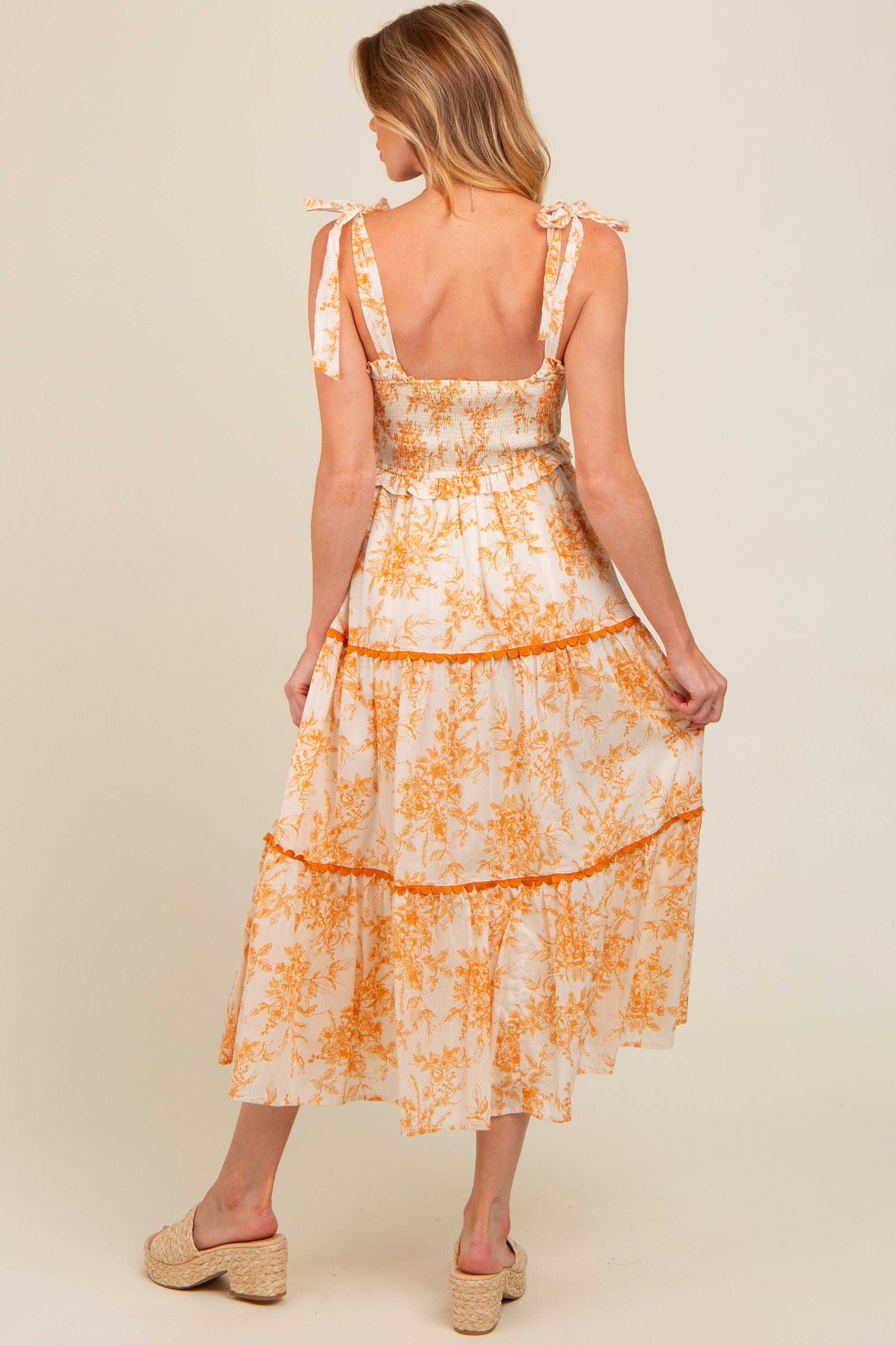 PinkBlush peach floral sleeveless ruffle tiered maternity midi dress