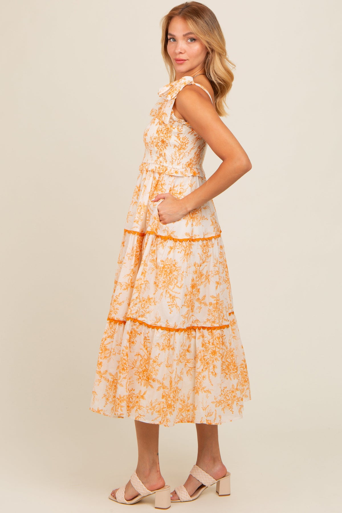 PinkBlush baby peach floral sleeveless ruffle tiered midi dress