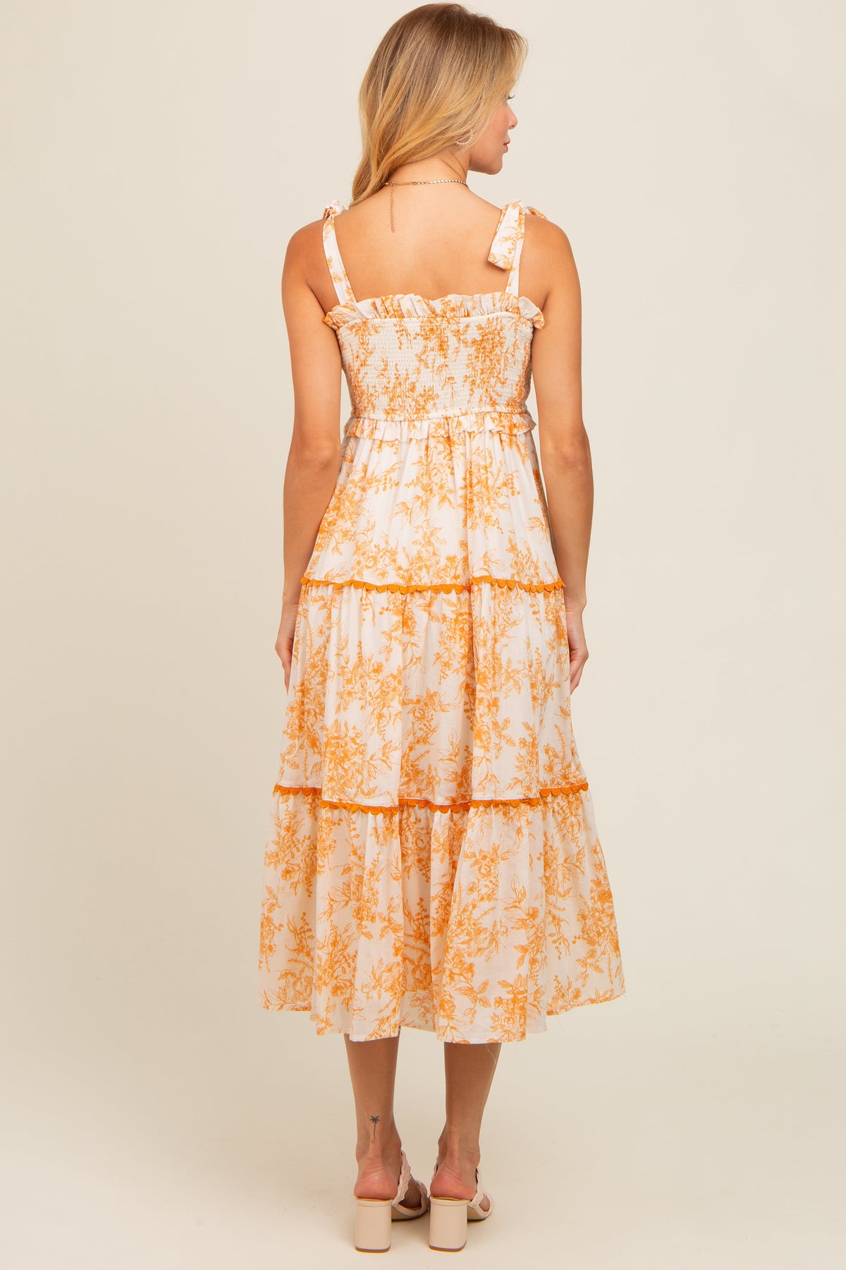 PinkBlush peach floral sleeveless ruffle tiered midi dress.