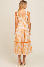 PinkBlush peach floral sleeveless ruffle tiered midi dress.