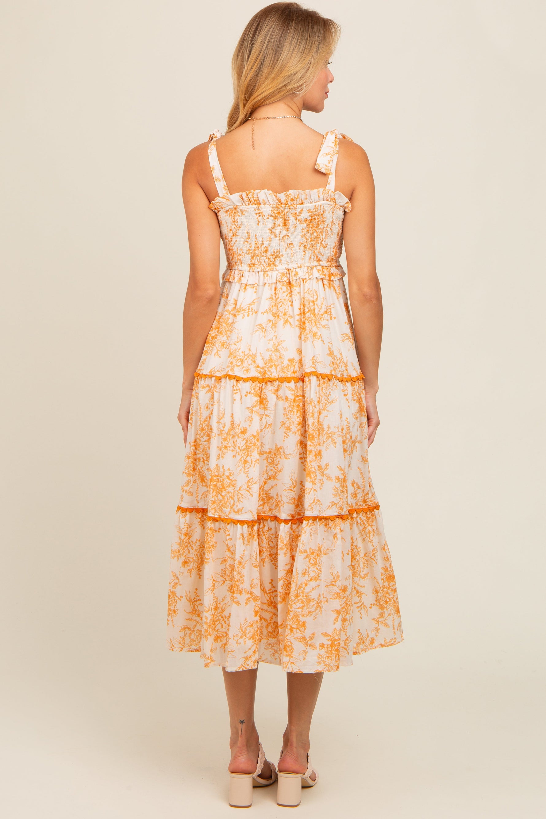 PinkBlush peach floral sleeveless ruffle tiered midi dress.