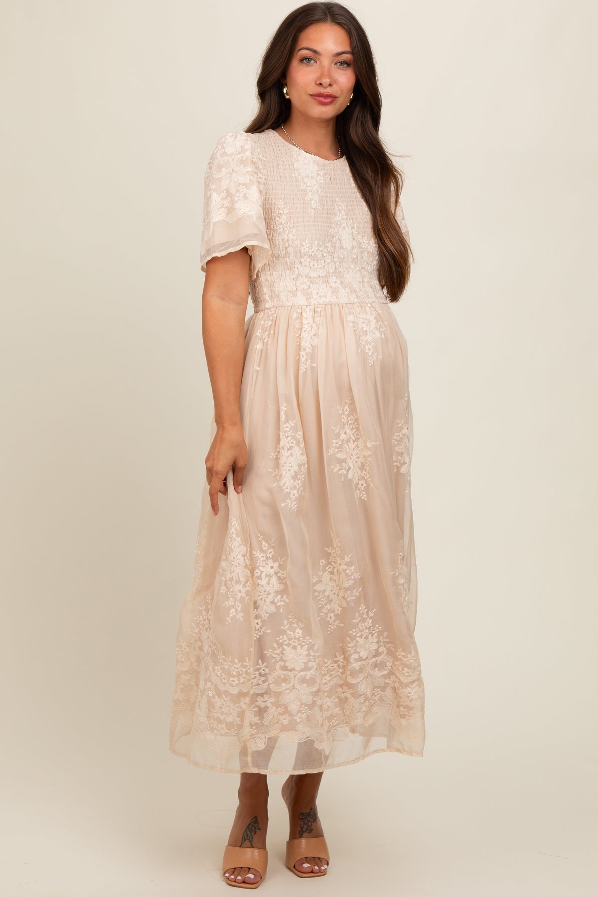 Cream Embroidered Smocked Maternity Midi Dress by PinkBlush at Everetts Place