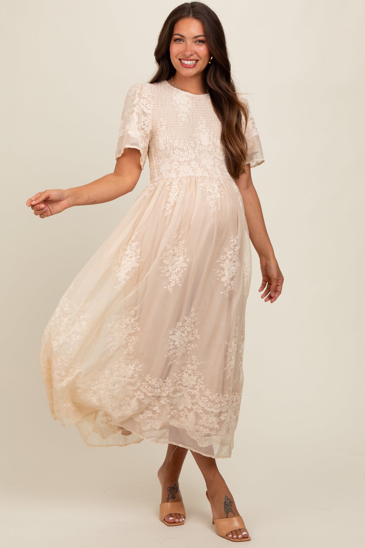 Cream Embroidered Smocked Maternity Midi Dress by PinkBlush at Everetts Place
