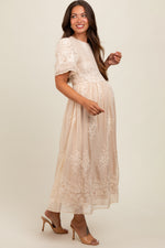 Cream Embroidered Smocked Maternity Midi Dress by PinkBlush at Everetts Place