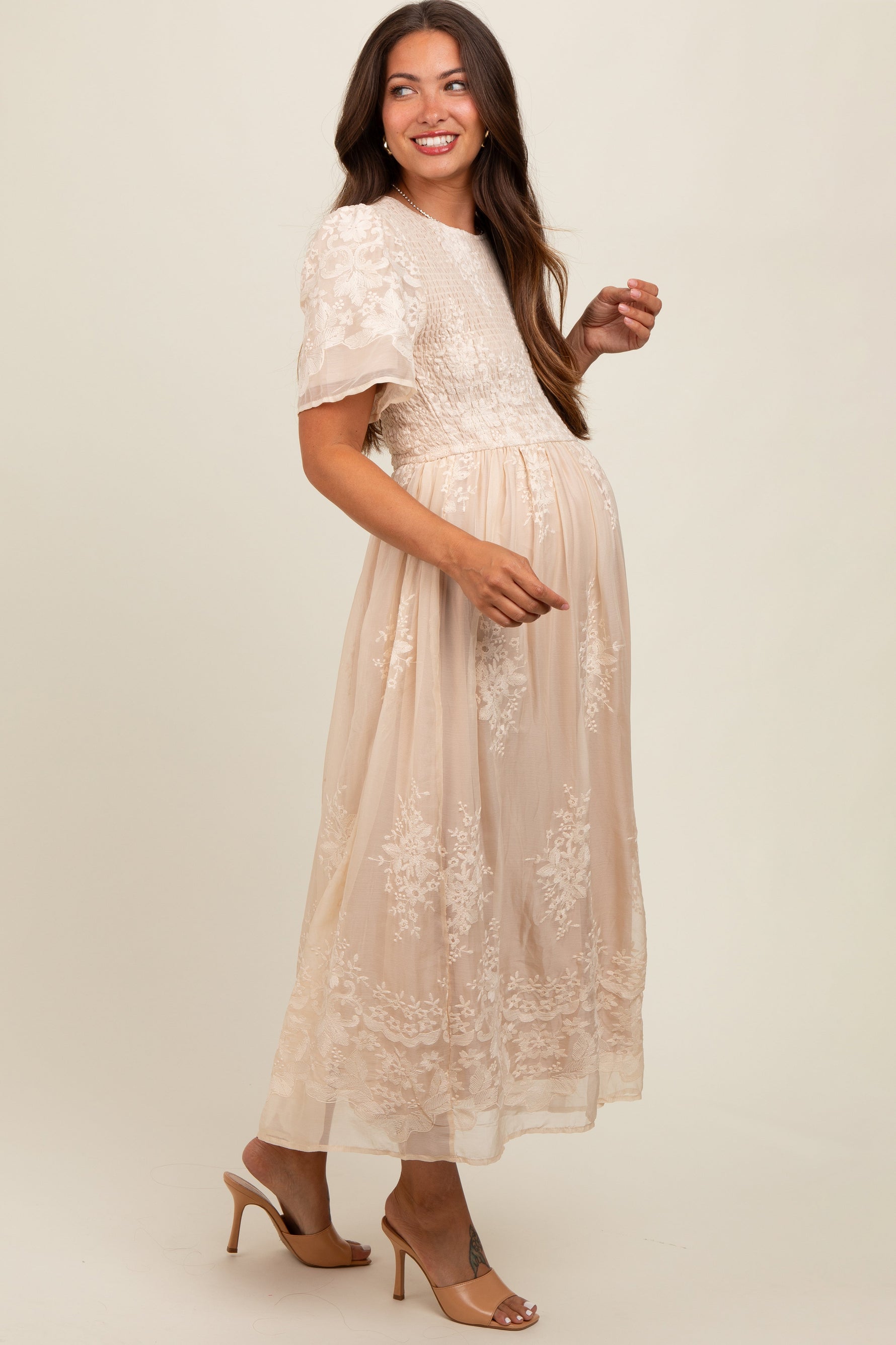 Cream Embroidered Smocked Maternity Midi Dress by PinkBlush at Everetts Place