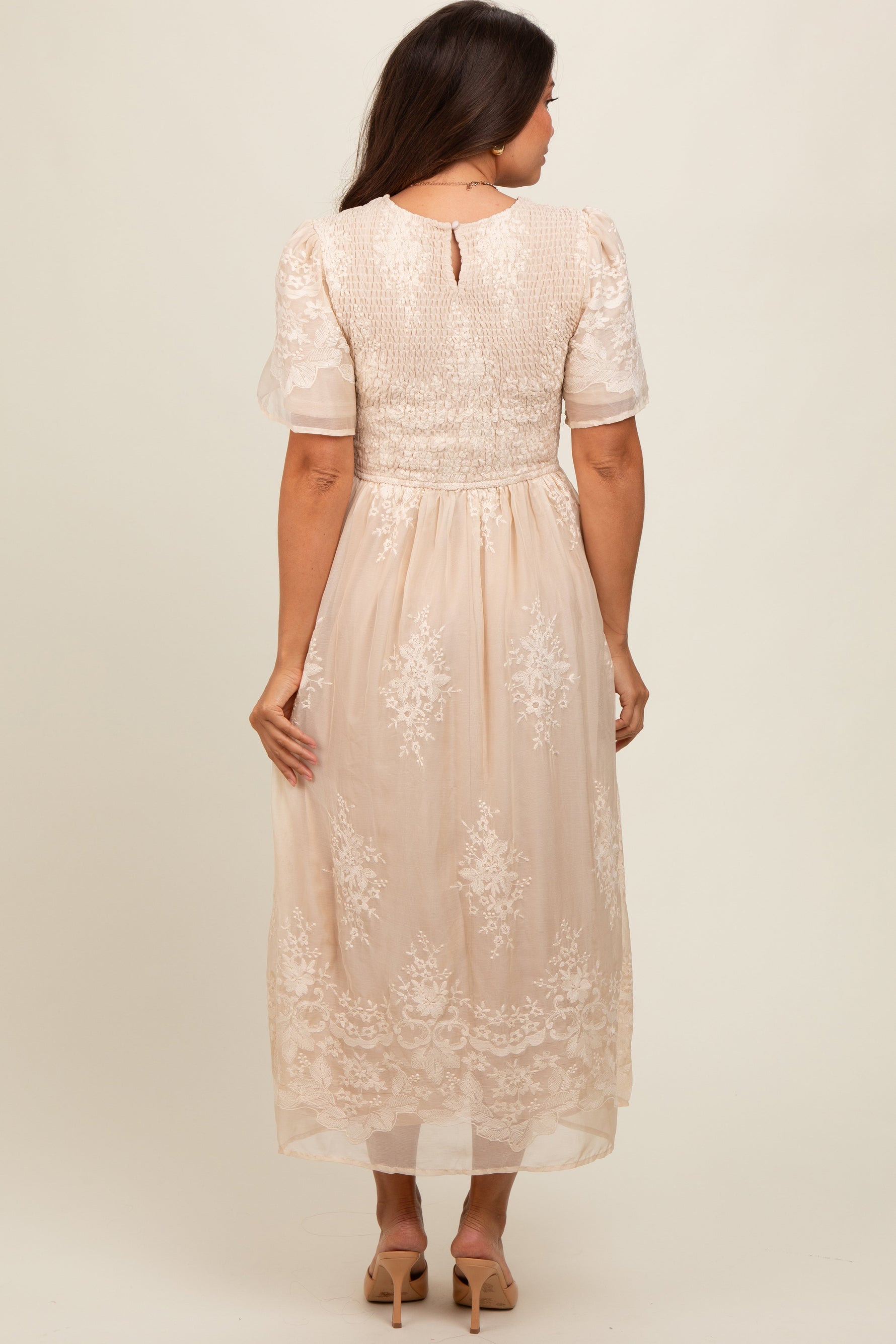 Cream Embroidered Smocked Maternity Midi Dress by PinkBlush at Everetts Place