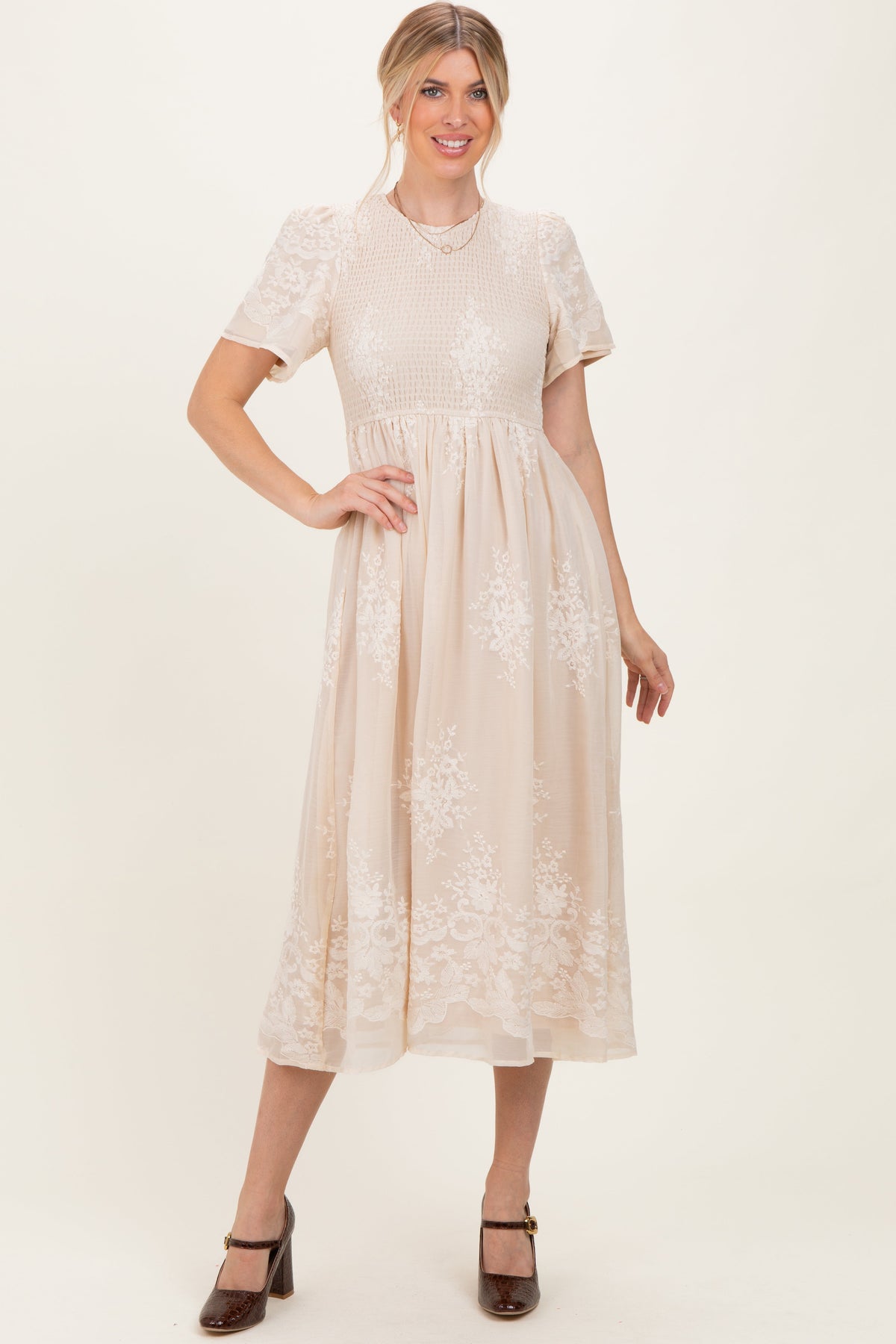 Cream Embroidered Smocked Maternity Midi Dress by PinkBlush at Everetts Place