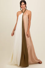Olive Colorblock Pleated Halter Neck Maxi Dress by PinkBlush