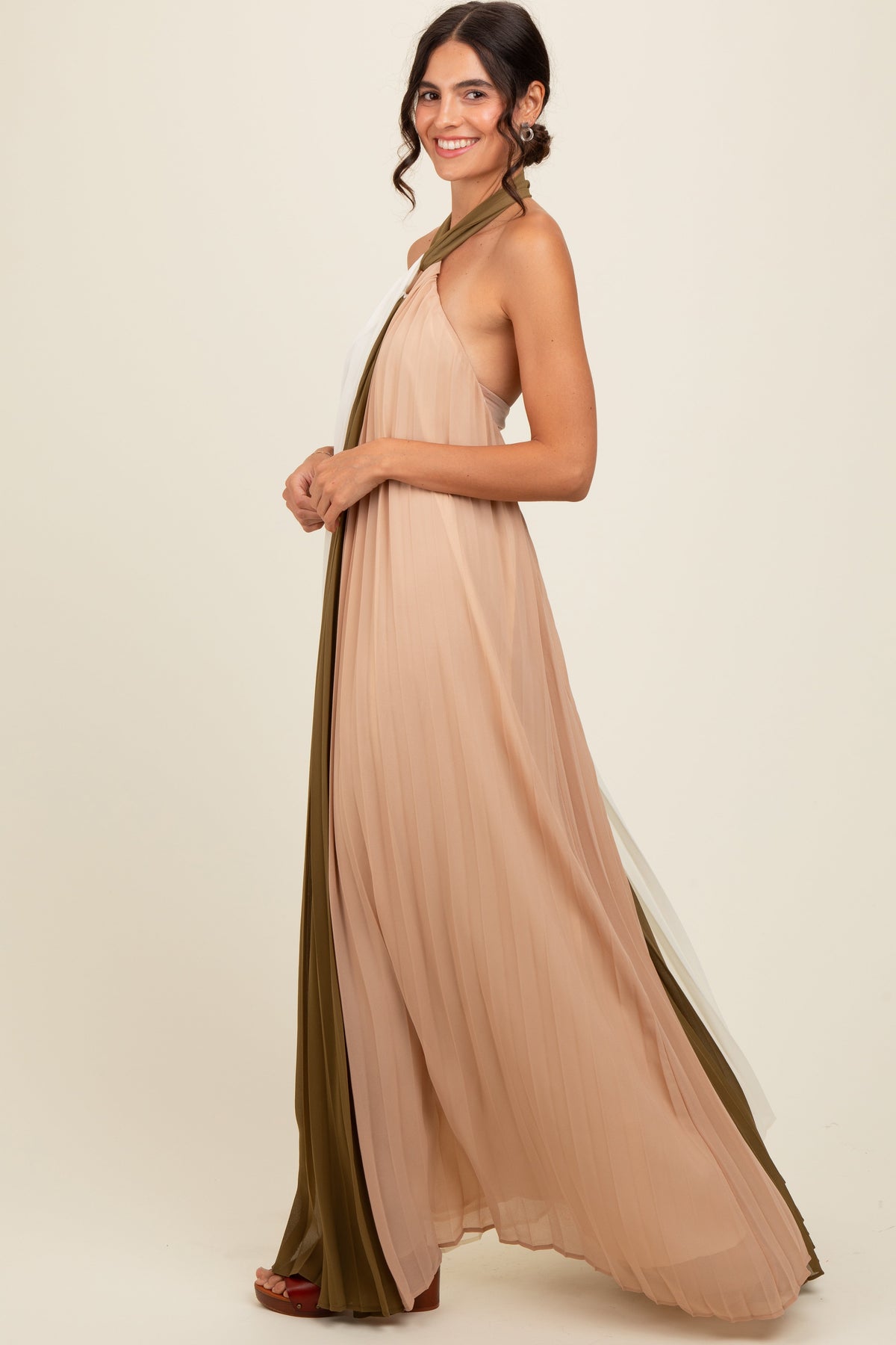 Olive Colorblock Pleated Halter Neck Maxi Dress by PinkBlush