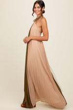 Olive Colorblock Pleated Halter Neck Maxi Dress by PinkBlush