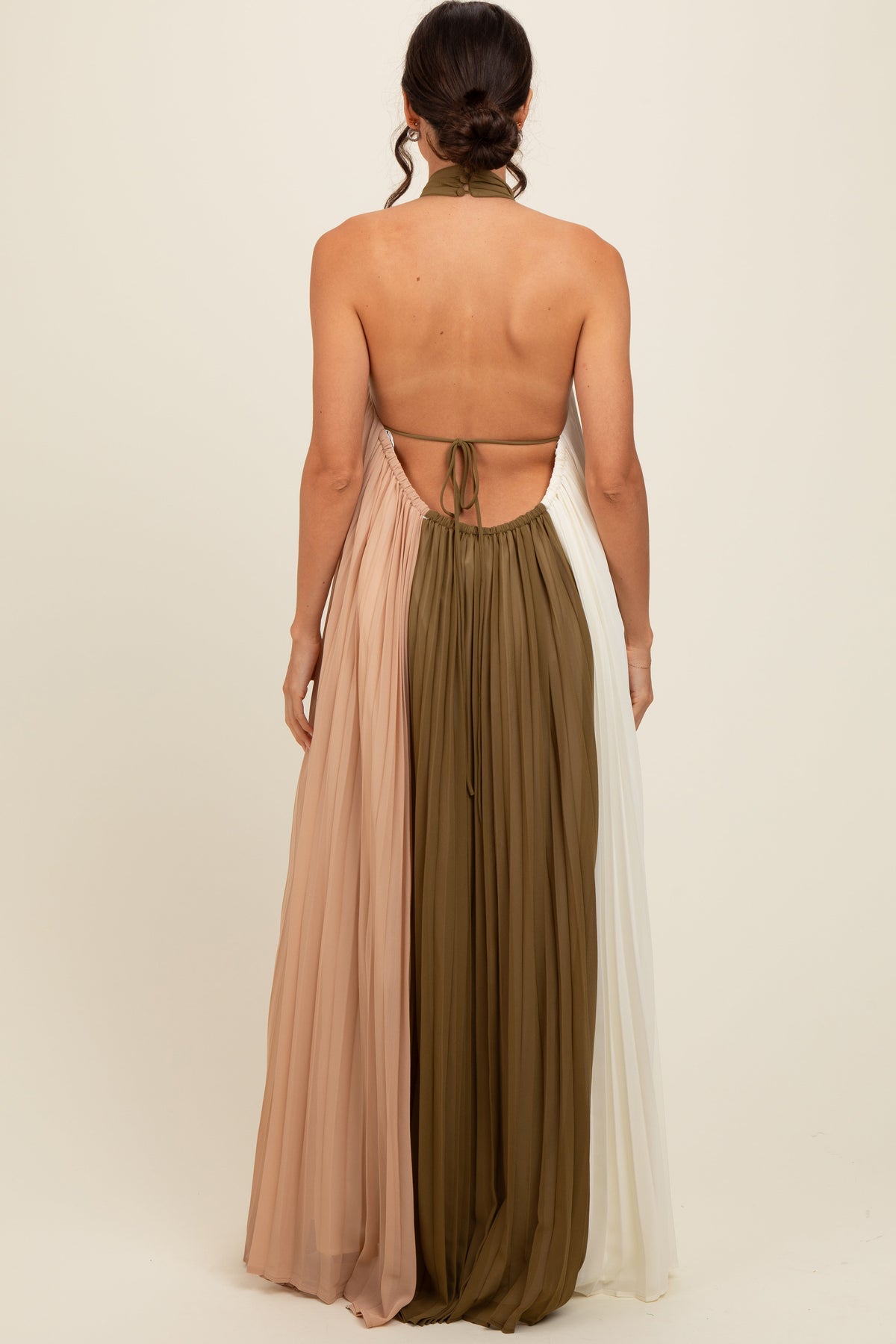 Olive Colorblock Pleated Halter Neck Maxi Dress by PinkBlush
