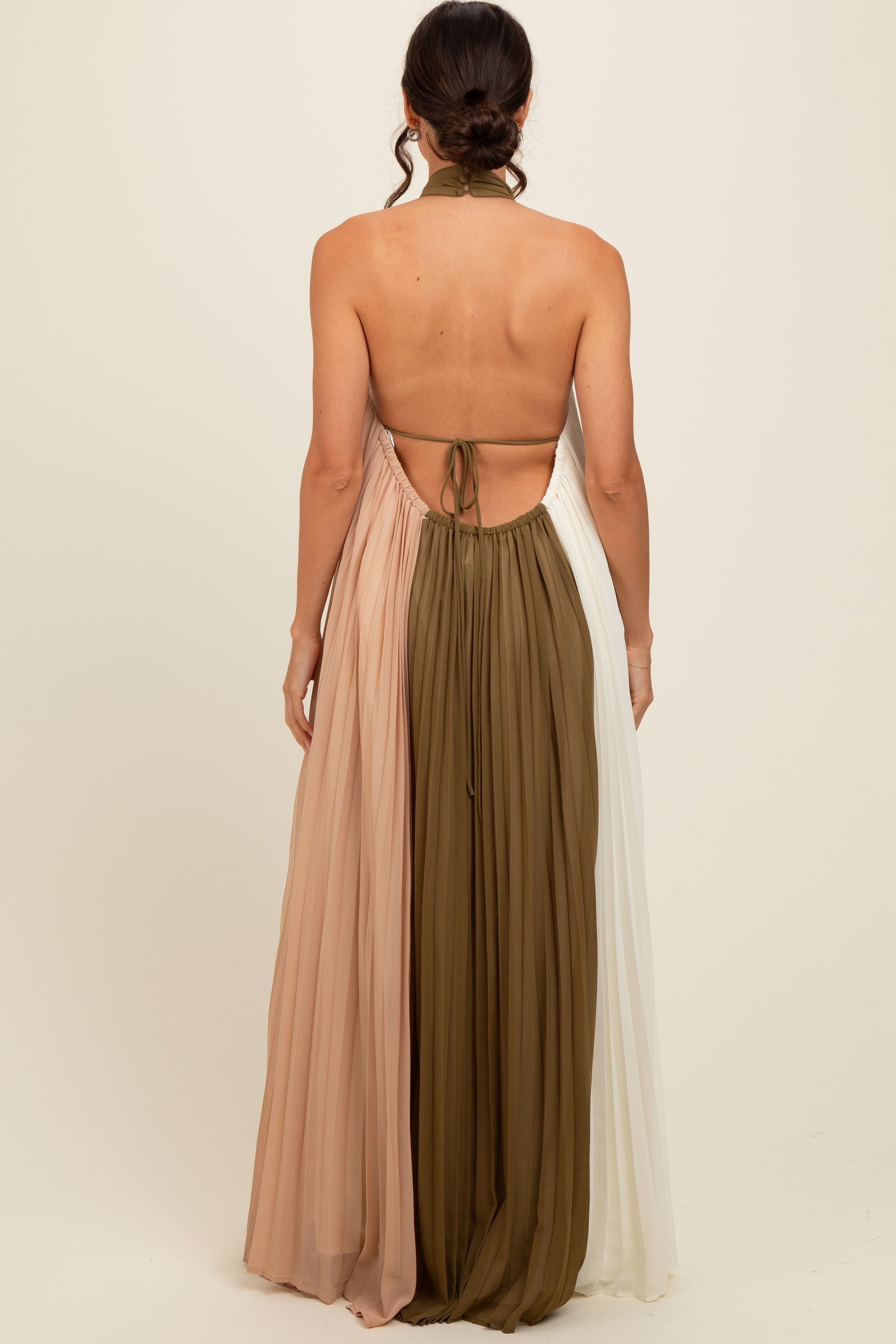 Olive Colorblock Pleated Halter Neck Maxi Dress by PinkBlush