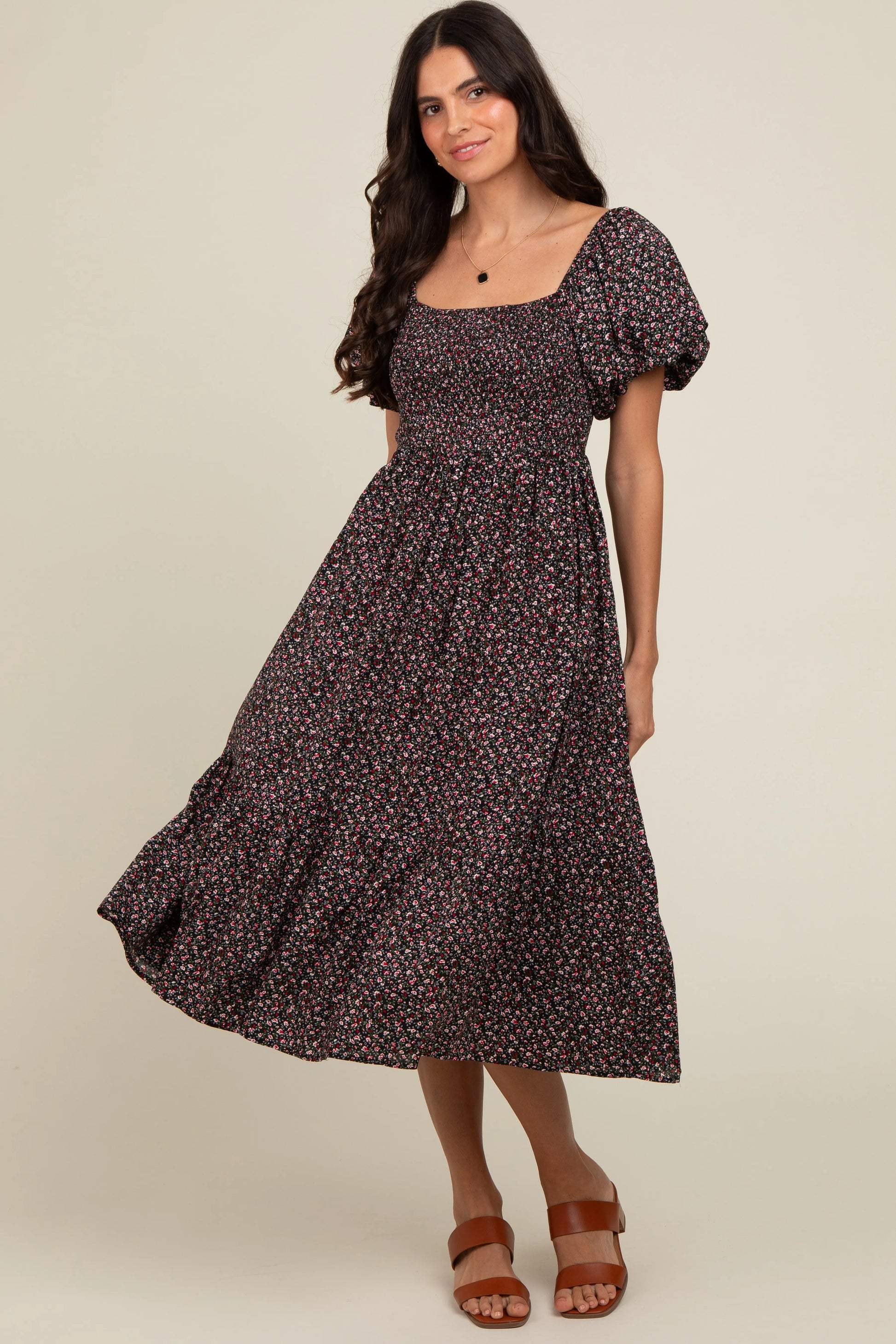 PinkBlush PinkBlush Black Floral Smocked Maternity Midi Dress for Stylish Moms - Apparel & Accessories > Clothing > Dresses