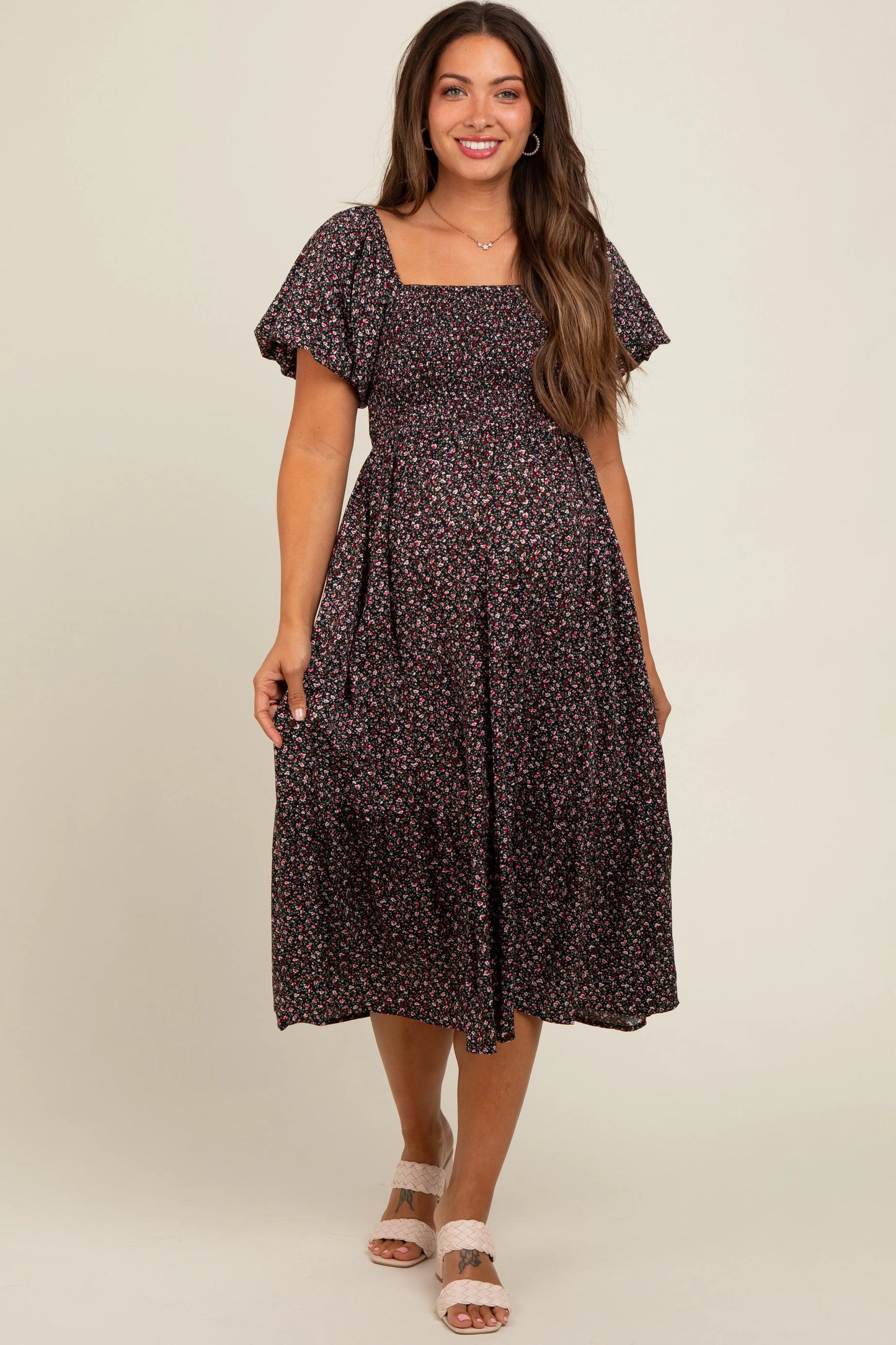 PinkBlush PinkBlush Black Floral Smocked Maternity Midi Dress for Stylish Moms - Apparel & Accessories > Clothing > Dresses