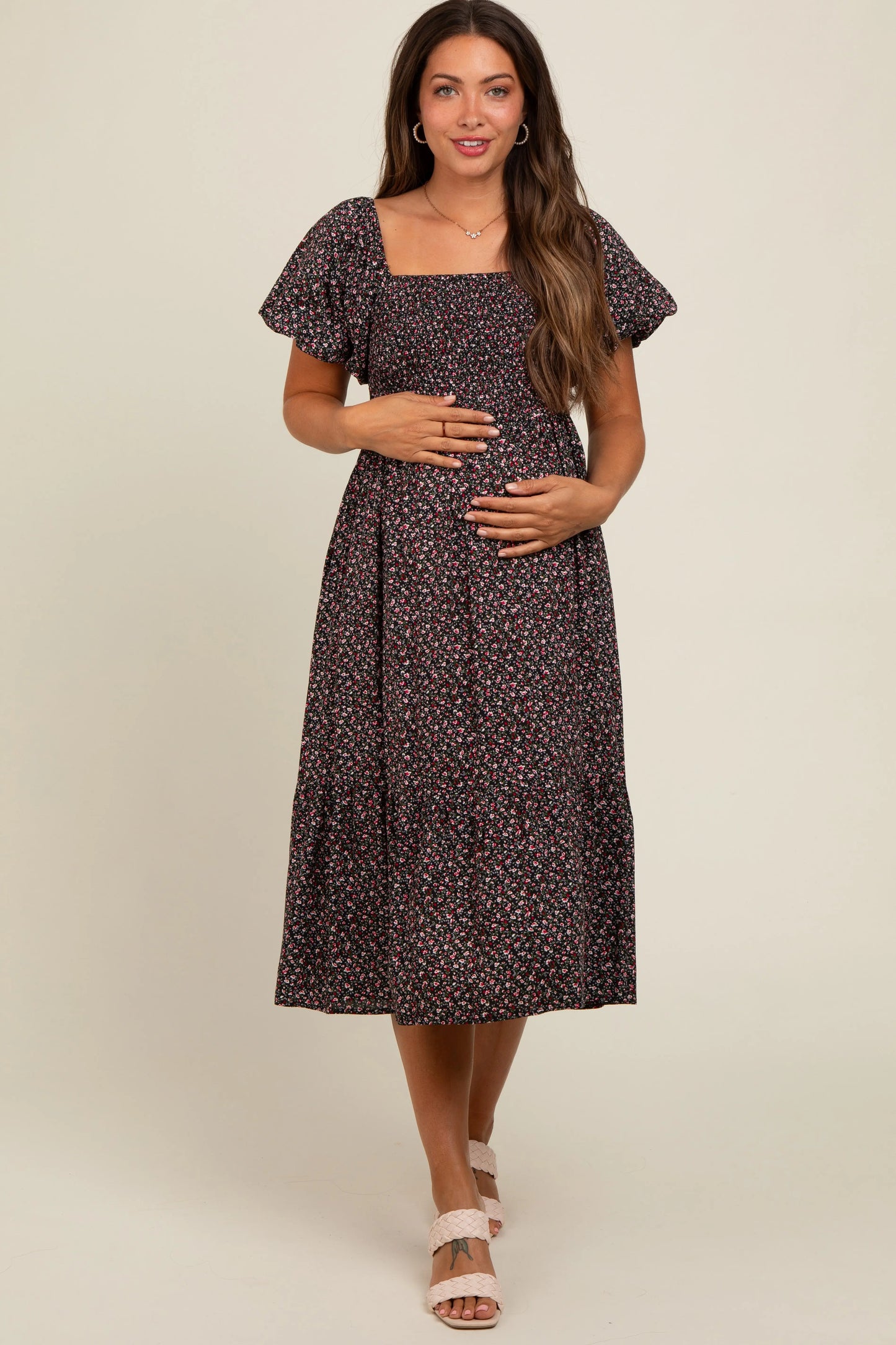 PinkBlush PinkBlush Black Floral Smocked Maternity Midi Dress for Stylish Moms - Apparel & Accessories > Clothing > Dresses