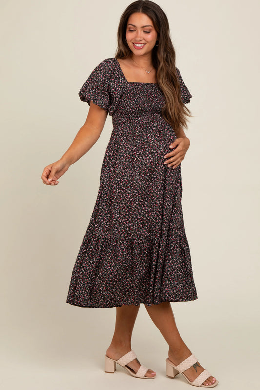 PinkBlush PinkBlush Black Floral Smocked Maternity Midi Dress for Stylish Moms - Apparel & Accessories > Clothing > Dresses
