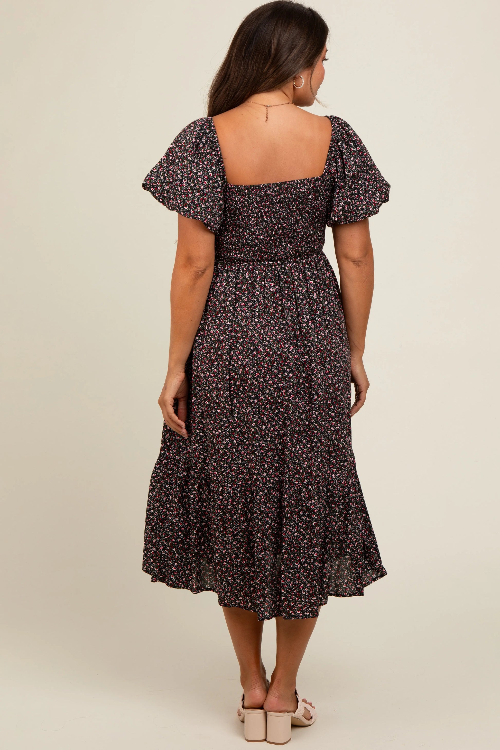 PinkBlush PinkBlush Black Floral Smocked Maternity Midi Dress for Stylish Moms - Apparel & Accessories > Clothing > Dresses