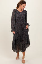 Pleated floral midi dress with long ruffle-cuff sleeves and a front tie waist