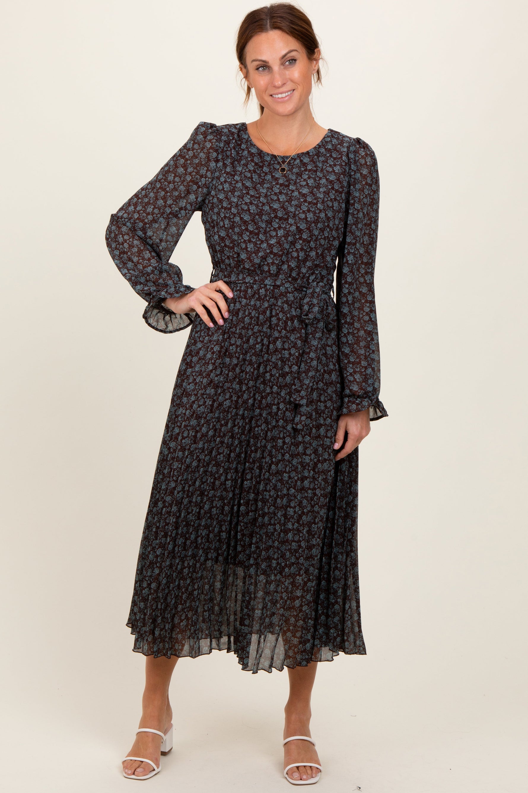 Pleated Floral Midi Dress - Front Tie by PinkBlush (view 2 of 4)