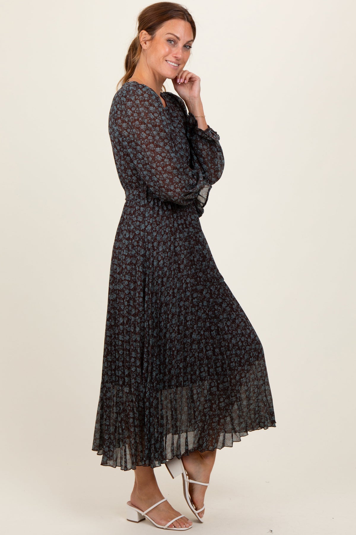 Pleated Floral Midi Dress - Front Tie by PinkBlush (view 3 of 4)