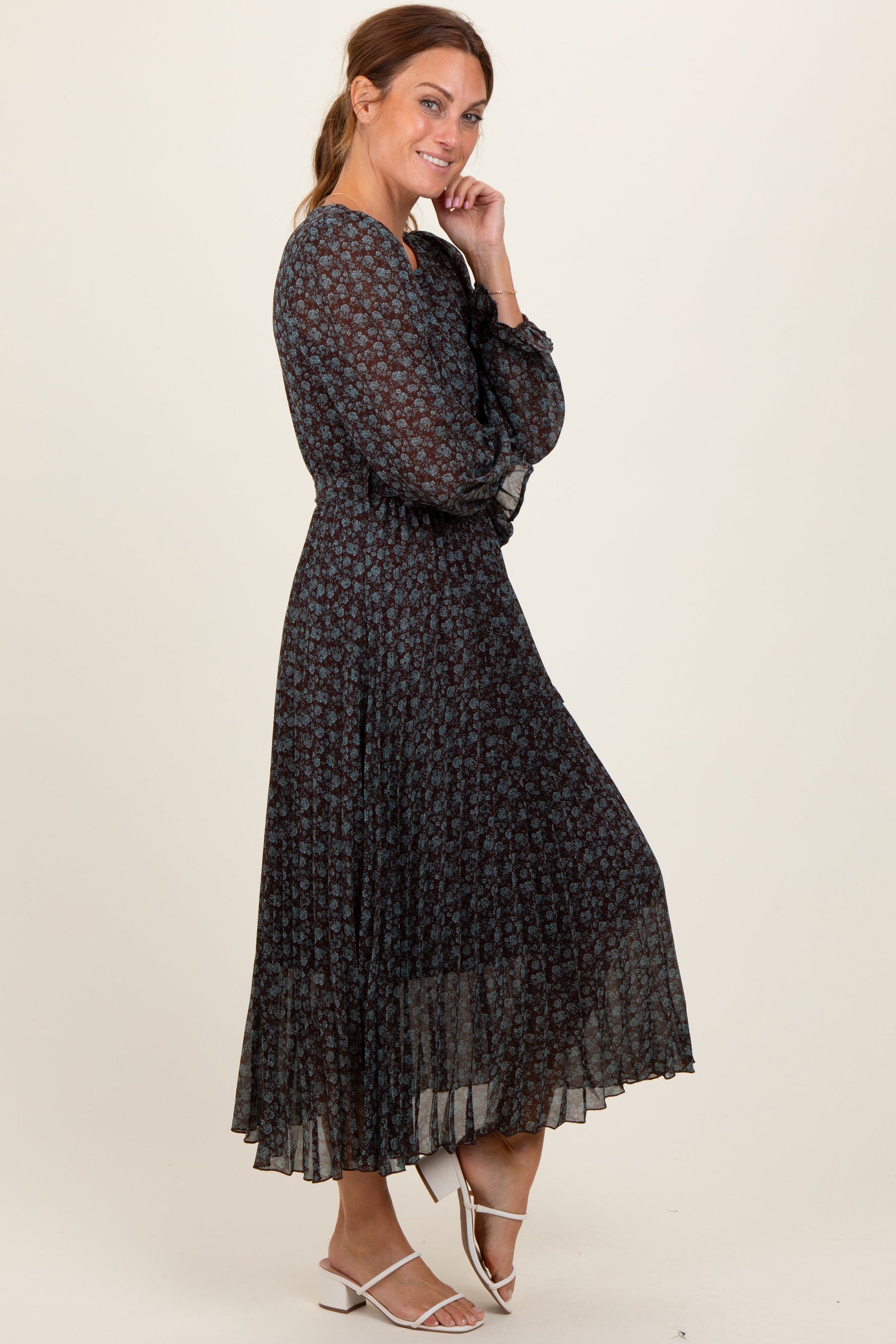 Pleated Floral Midi Dress - Front Tie by PinkBlush (view 3 of 4)