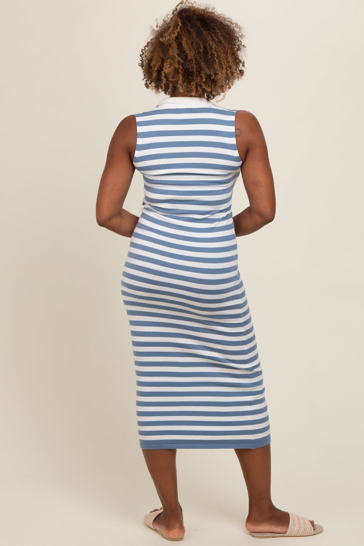 Blue Striped Fitted Polo Midi Dress by PinkBlush at Everetts Place