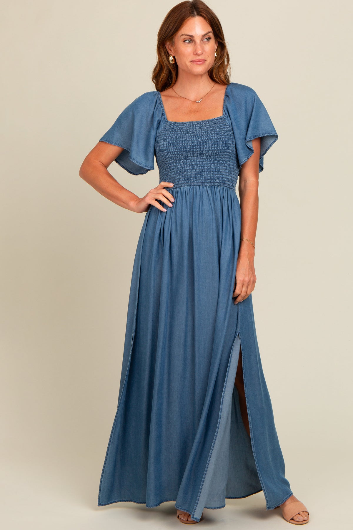 Blue Chambray Smocked Maternity Maxi Dress by PinkBlush at Everetts Place