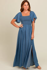 Blue Chambray Smocked Maternity Maxi Dress by PinkBlush at Everetts Place