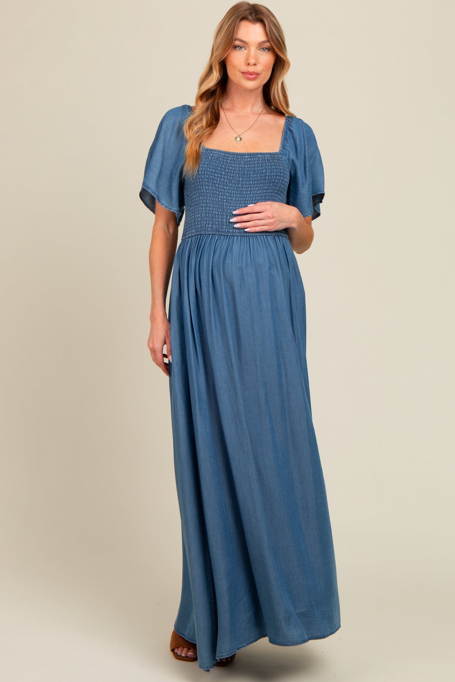 Blue Chambray Smocked Maternity Maxi Dress by PinkBlush at Everetts Place