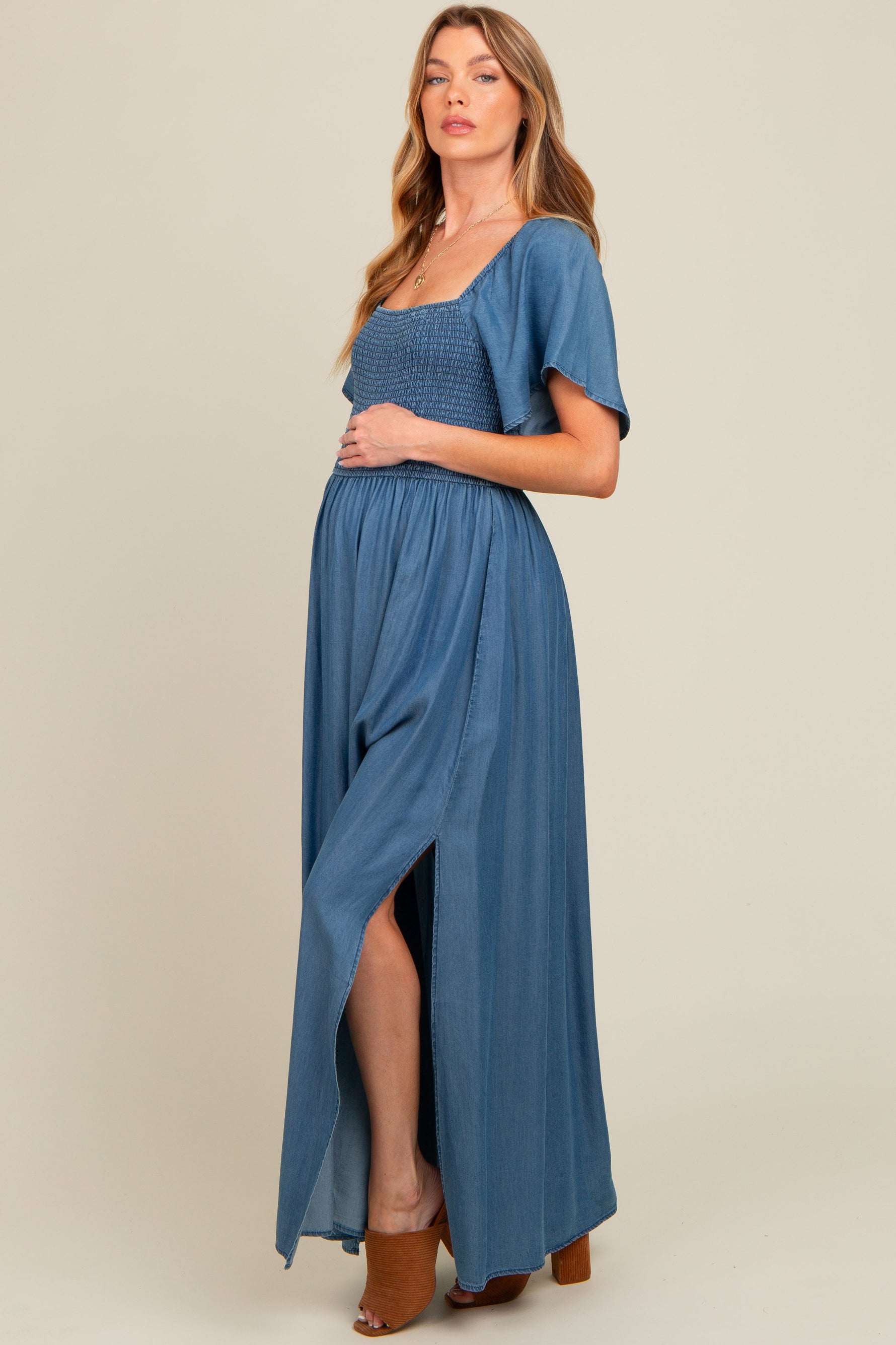 Blue Chambray Smocked Maternity Maxi Dress by PinkBlush at Everetts Place
