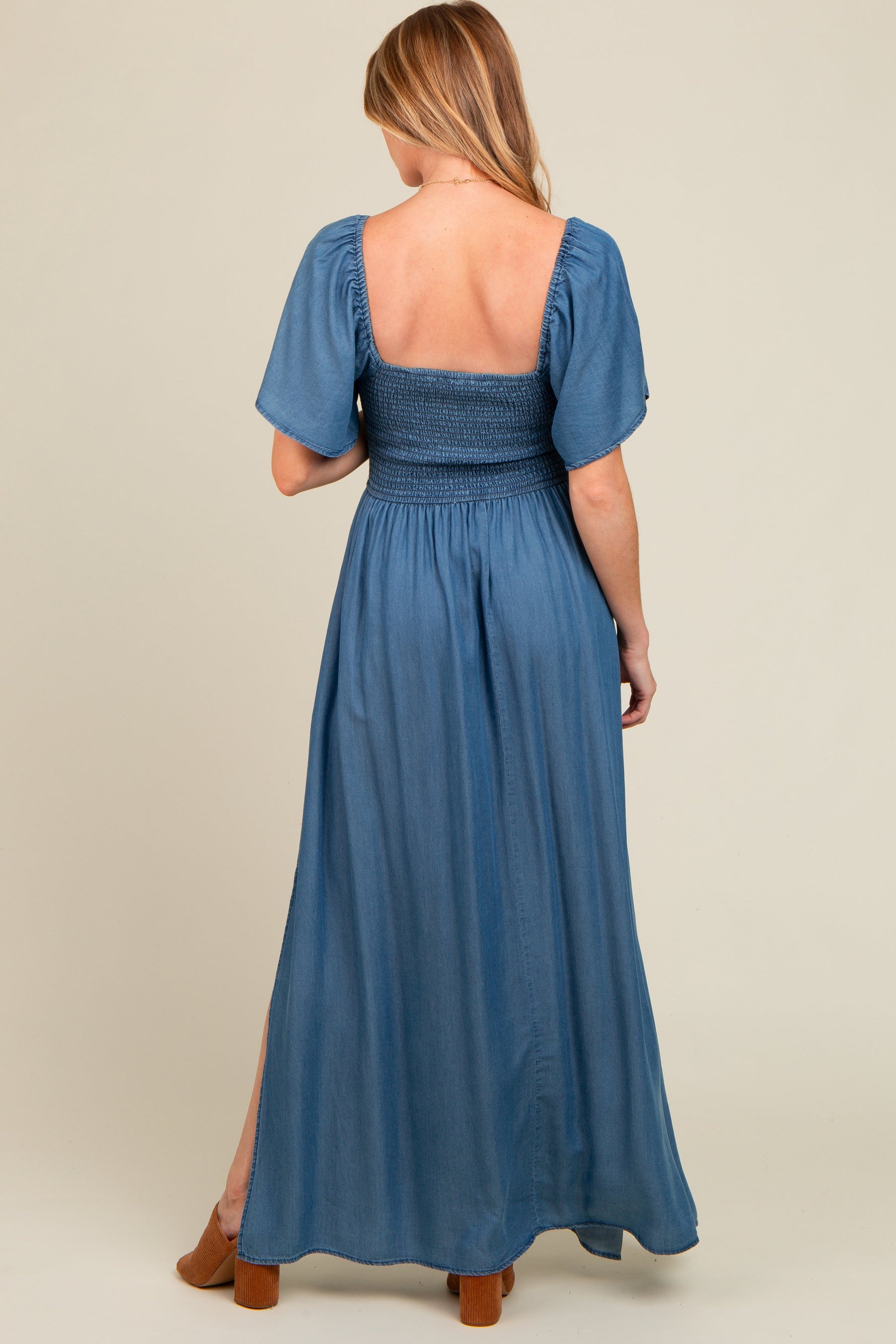 Blue Chambray Smocked Maternity Maxi Dress by PinkBlush at Everetts Place