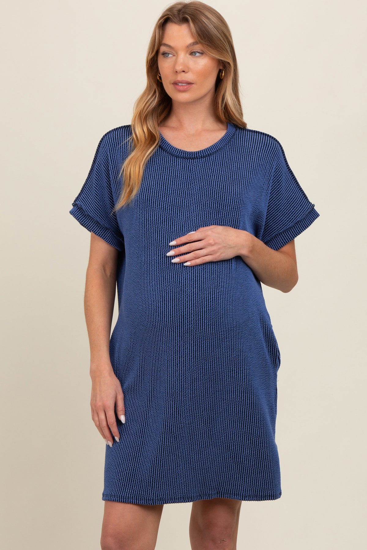 Navy Ribbed Rolled Cuff Maternity Dress by PinkBlush at Everetts Place