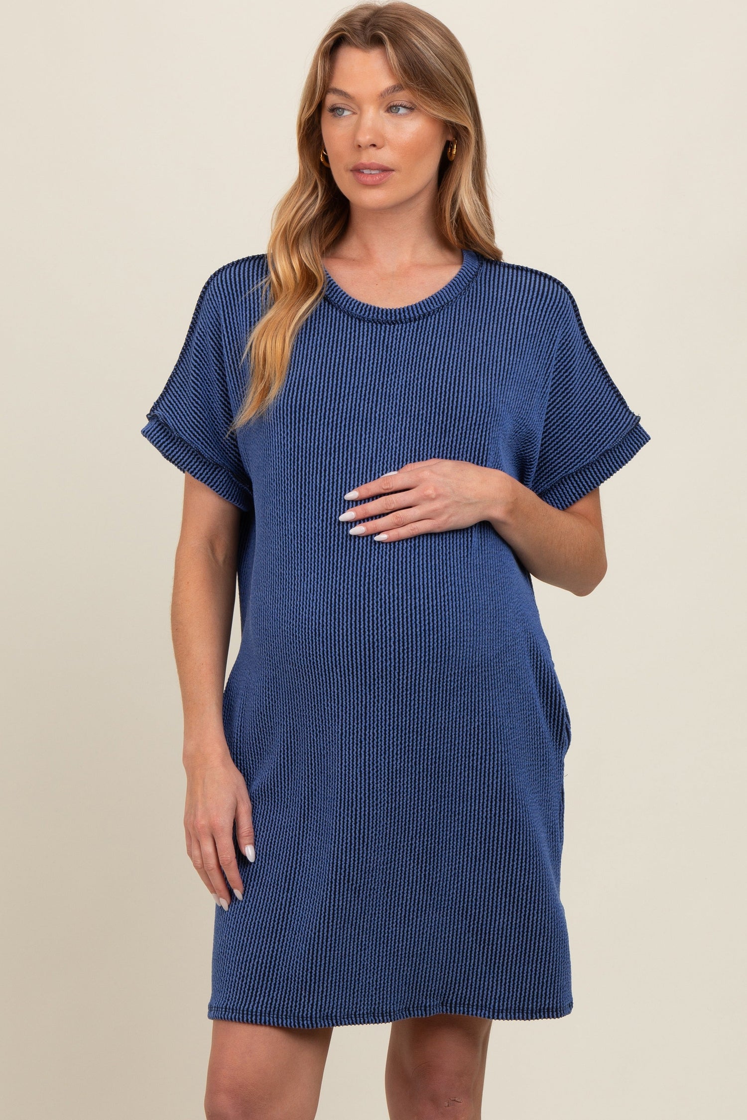 Navy Ribbed Rolled Cuff Maternity Dress by PinkBlush at Everetts Place