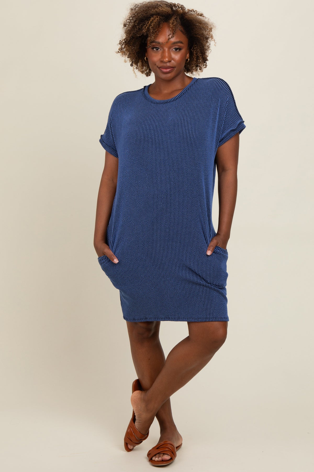 Navy Ribbed Rolled Cuff Maternity Dress by PinkBlush at Everetts Place