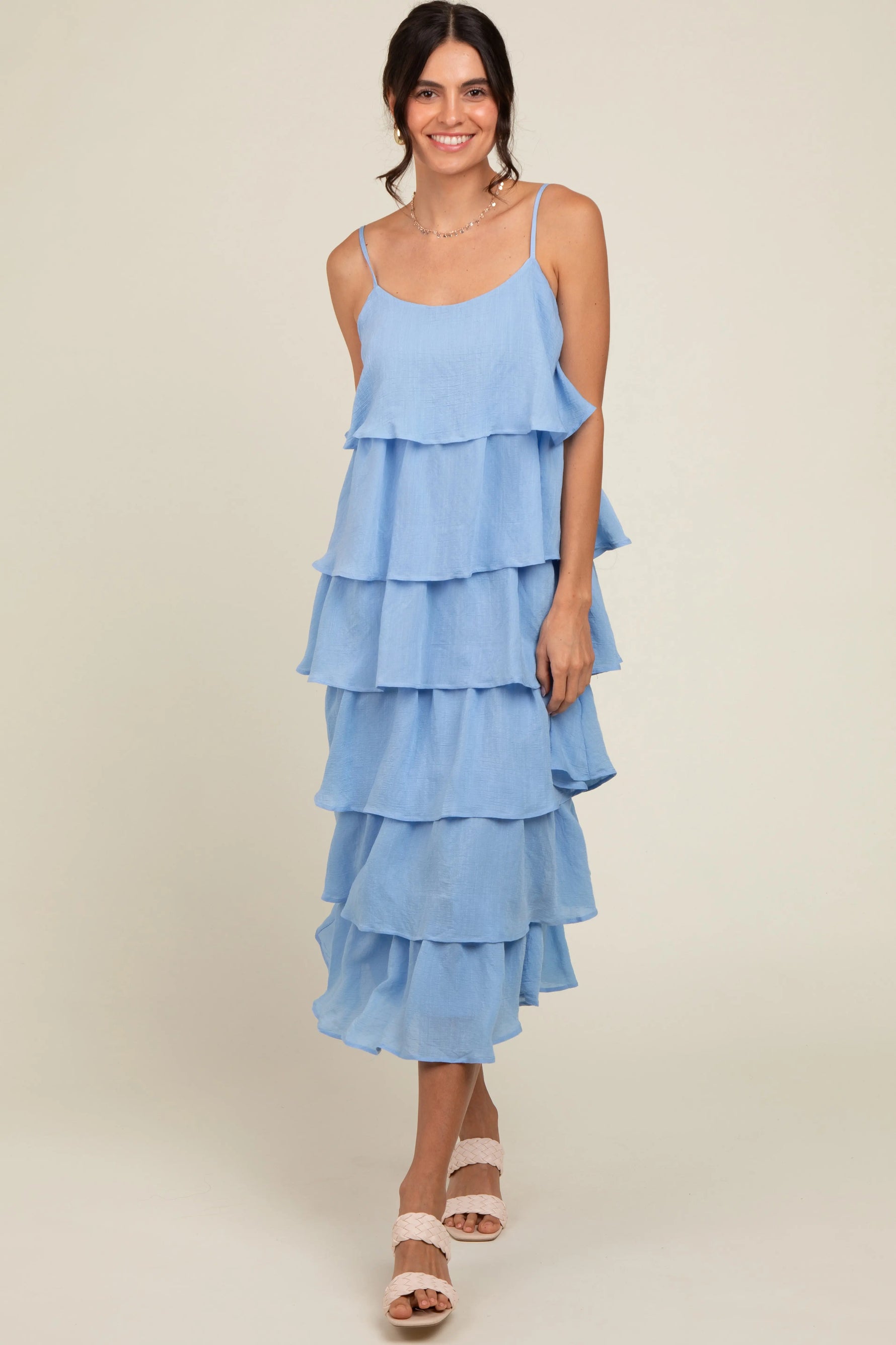 PinkBlush Blue Tiered Maternity Midi Dress for Comfortable Expecting Mothers - Apparel & Accessories > Clothing > Dresses