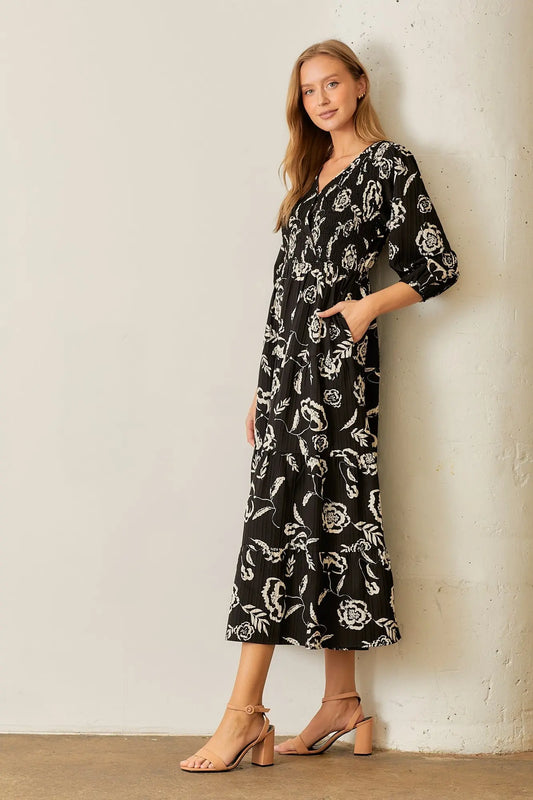 PinkBlush Elegant Black Floral Smocked Tiered Dress for Fashionable Women - Apparel & Accessories > Clothing > Dresses