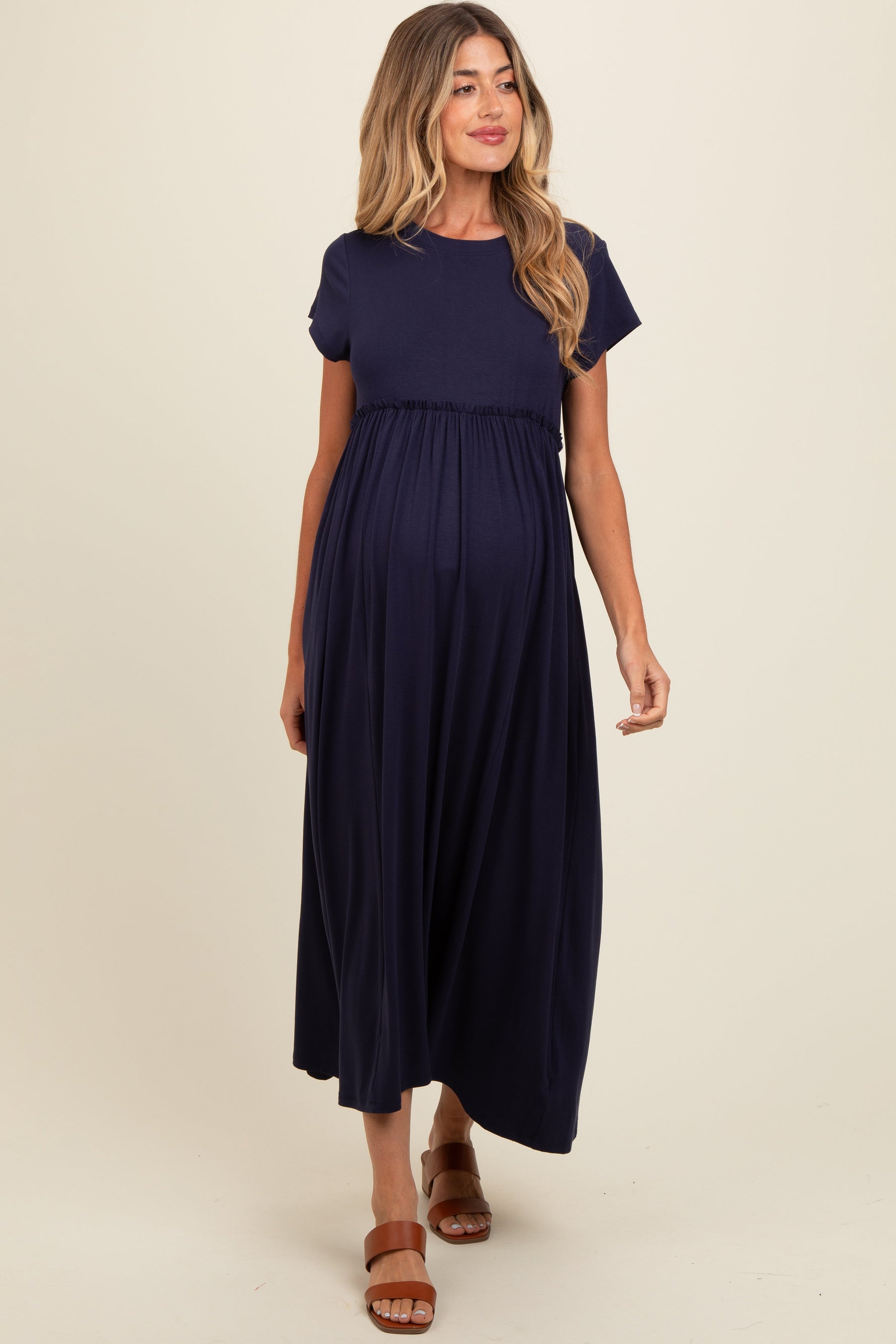 Navy Ruffle Trim Maternity Maxi Dress by PinkBlush at Everetts Place
