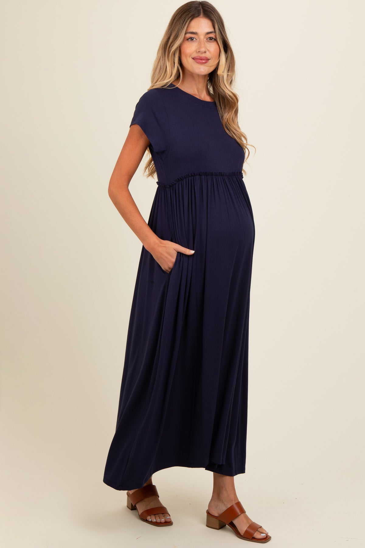 Navy Ruffle Trim Maternity Maxi Dress by PinkBlush at Everetts Place