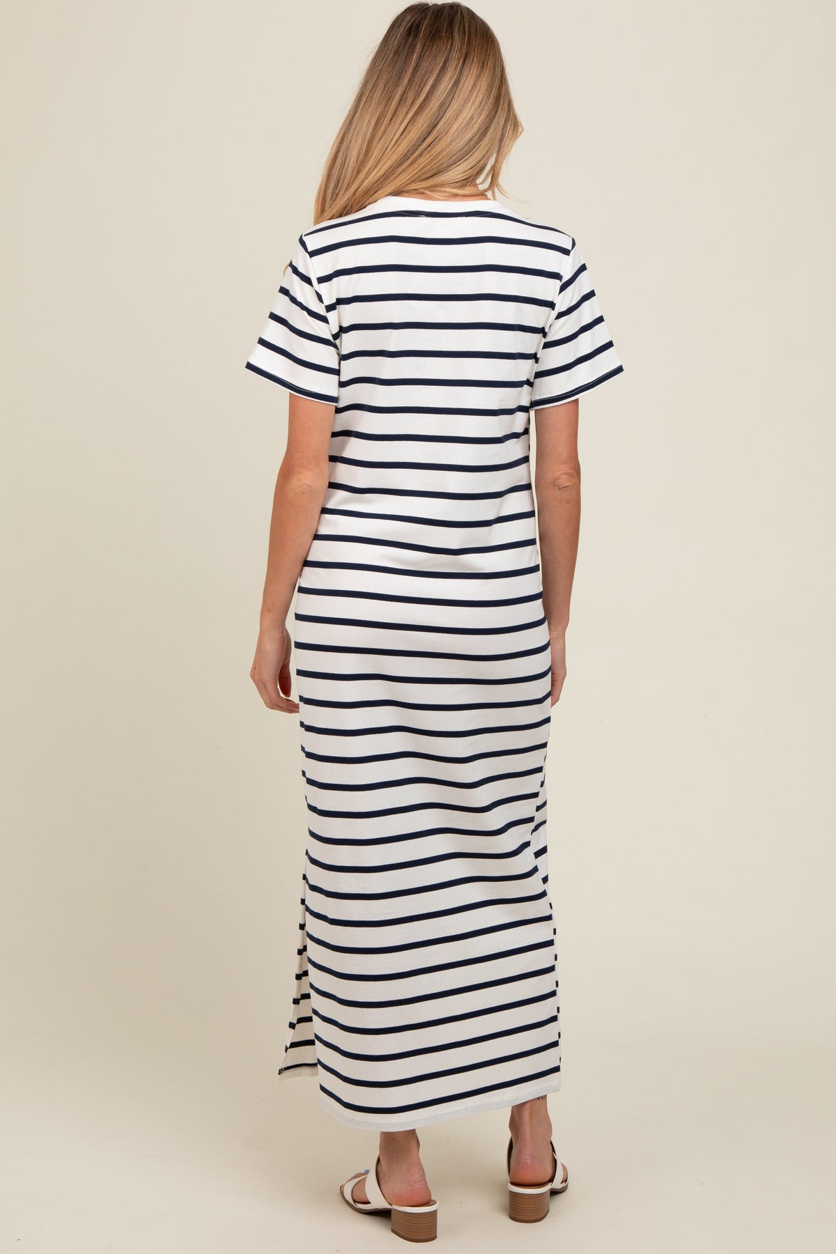 PinkBlush navy striped side slit maternity maxi dress.