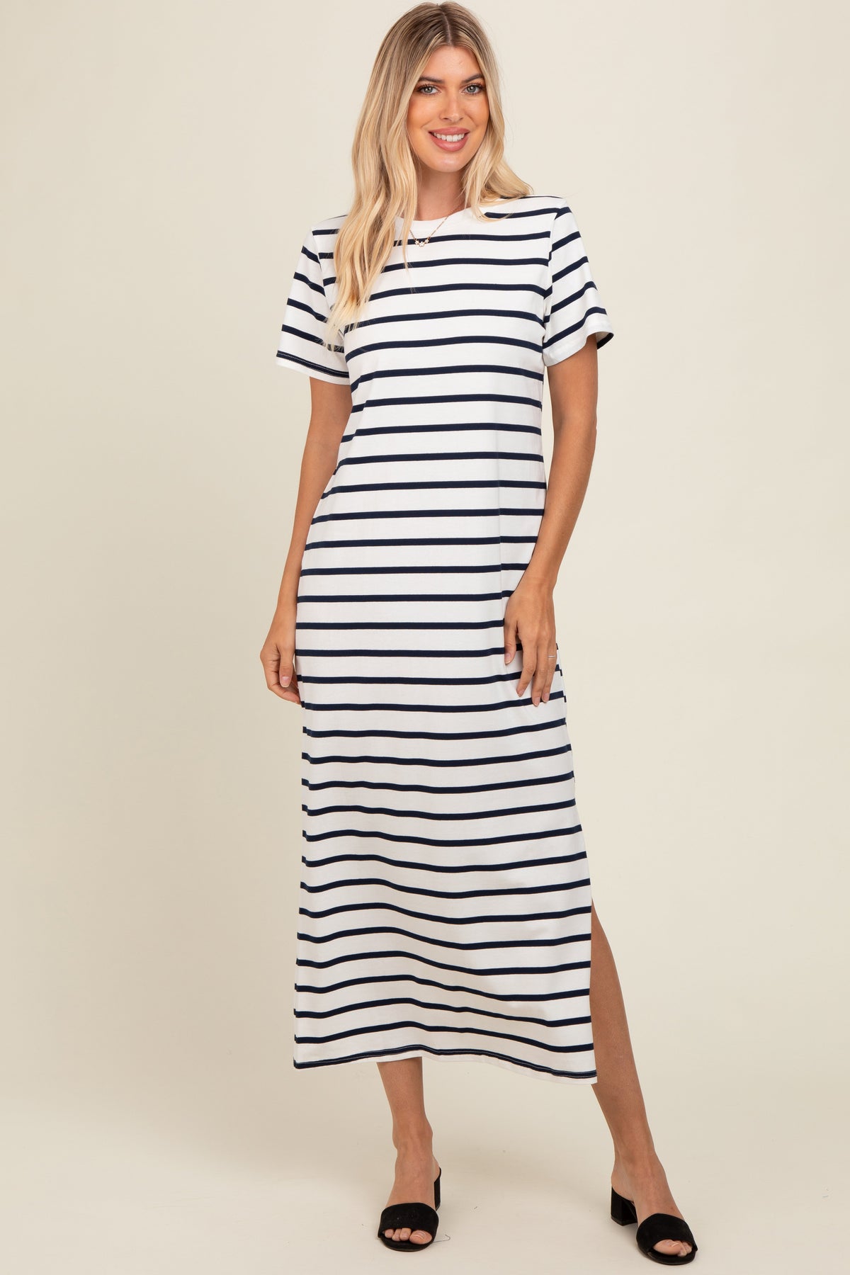 PinkBlush navy striped side slit maternity maxi dress.