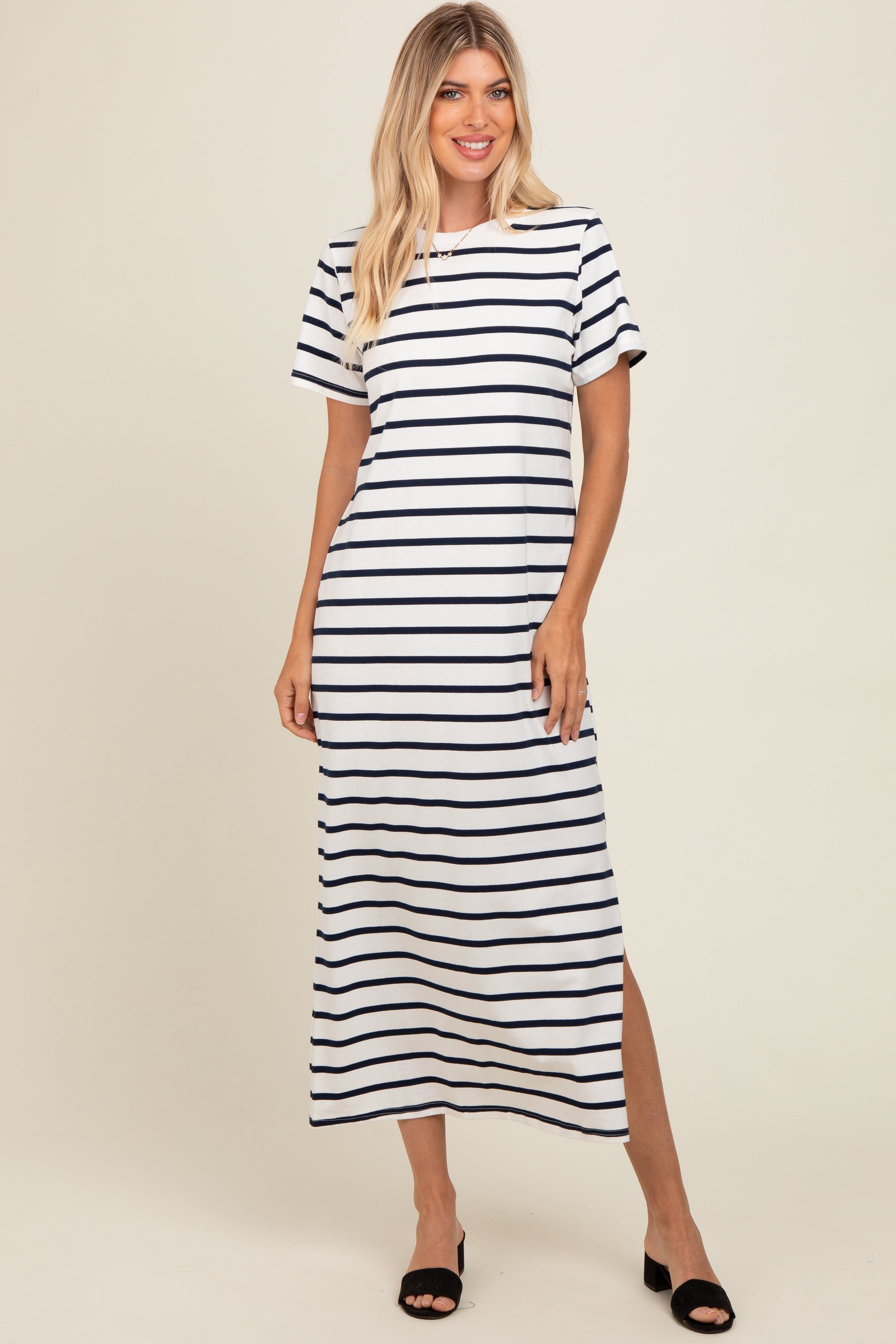 PinkBlush navy striped side slit maternity maxi dress.
