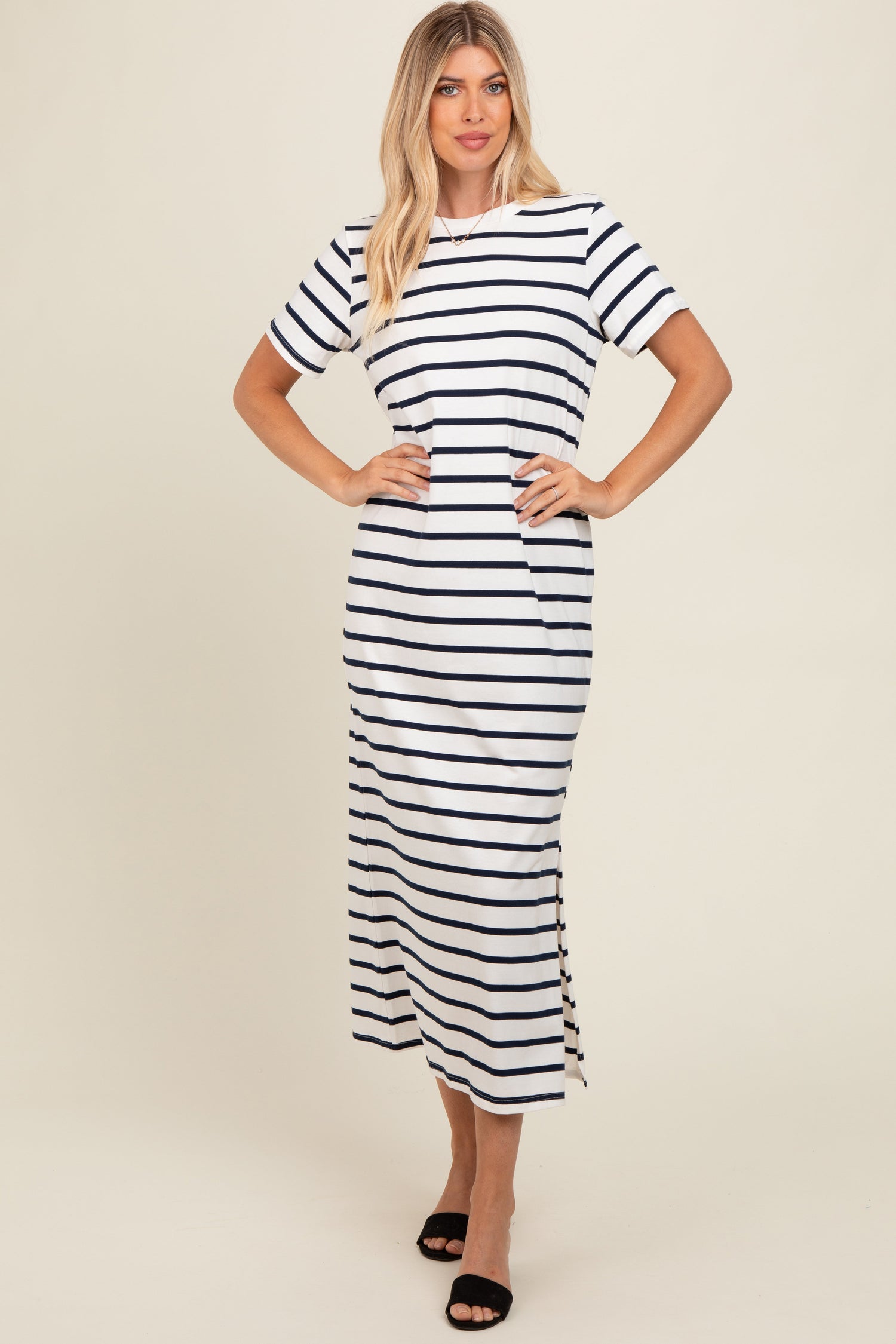 Navy Striped Side Slit Maxi Dress by PinkBlush at Everetts Place