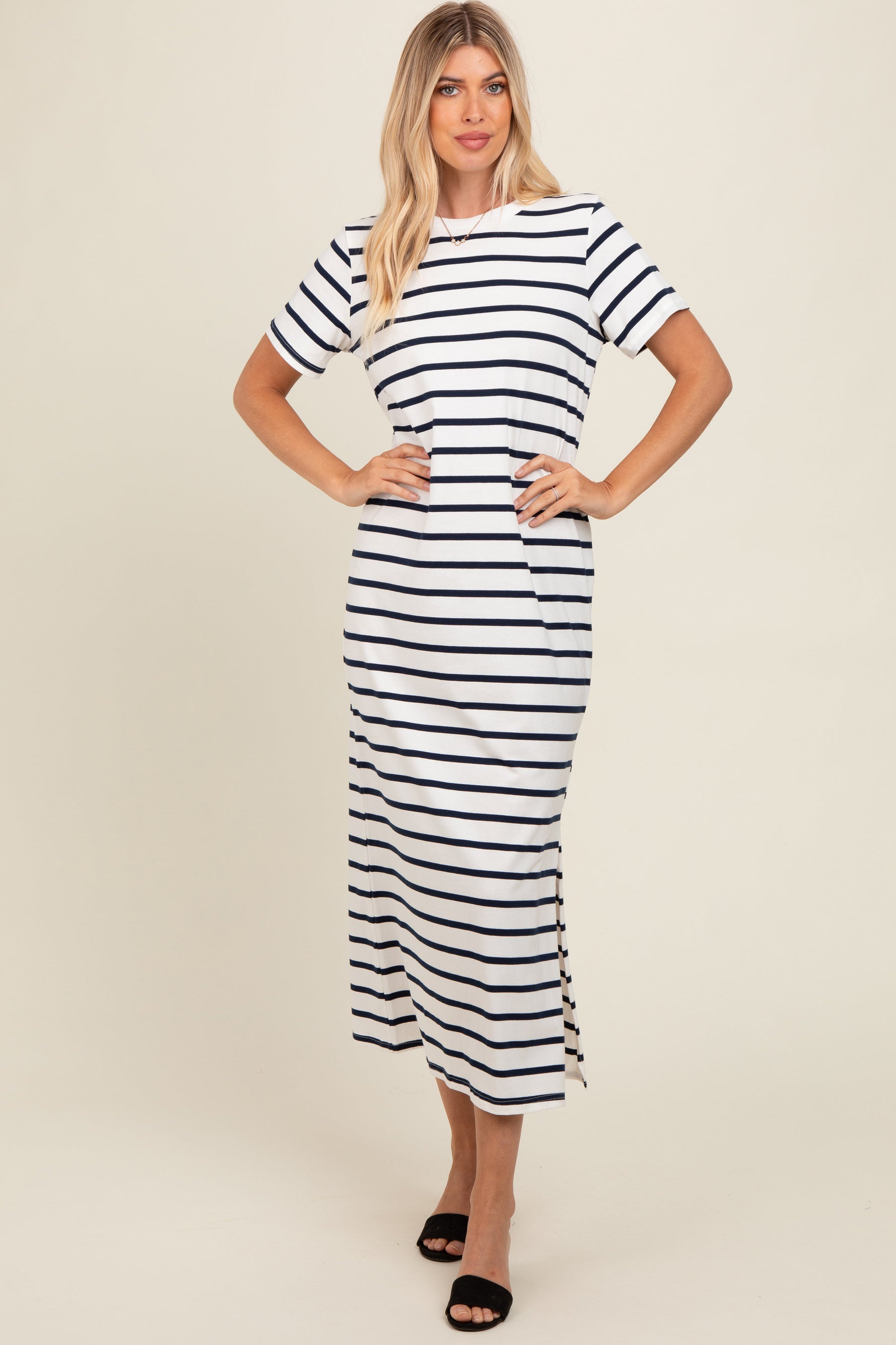 Navy Striped Side Slit Maxi Dress by PinkBlush at Everetts Place