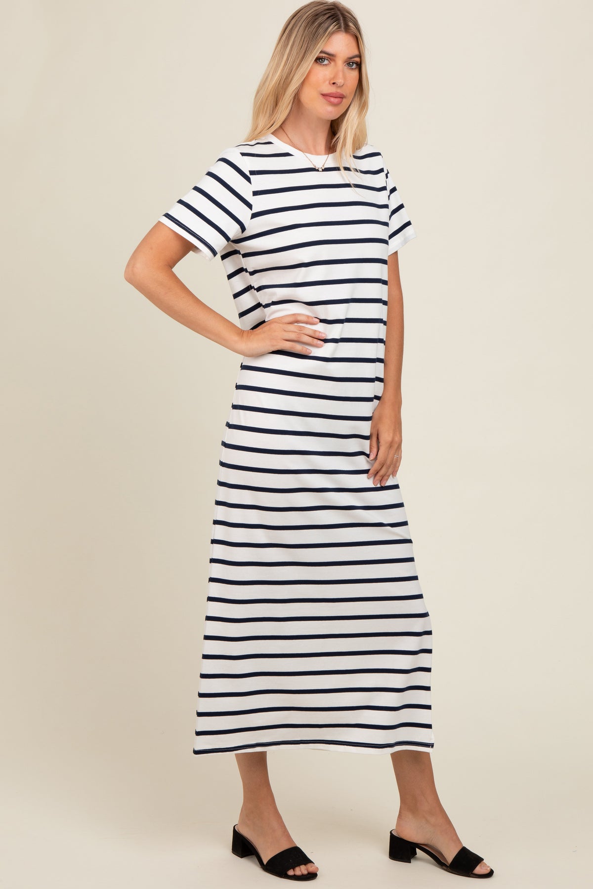Navy Striped Side Slit Maxi Dress by PinkBlush at Everetts Place
