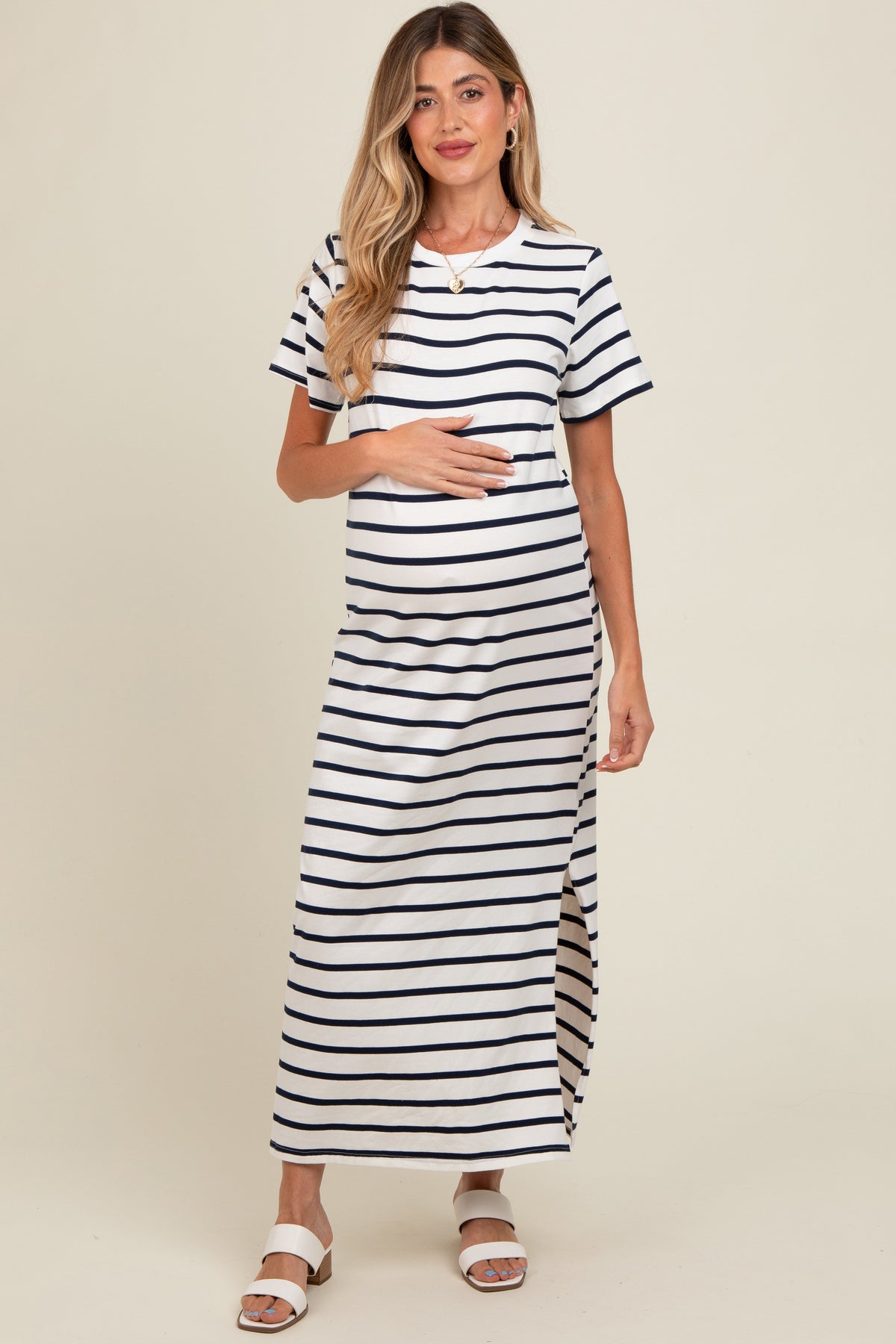 PinkBlush navy striped maternity maxi dress with side slit.