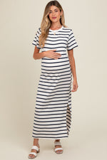 PinkBlush navy striped maternity maxi dress with side slit.