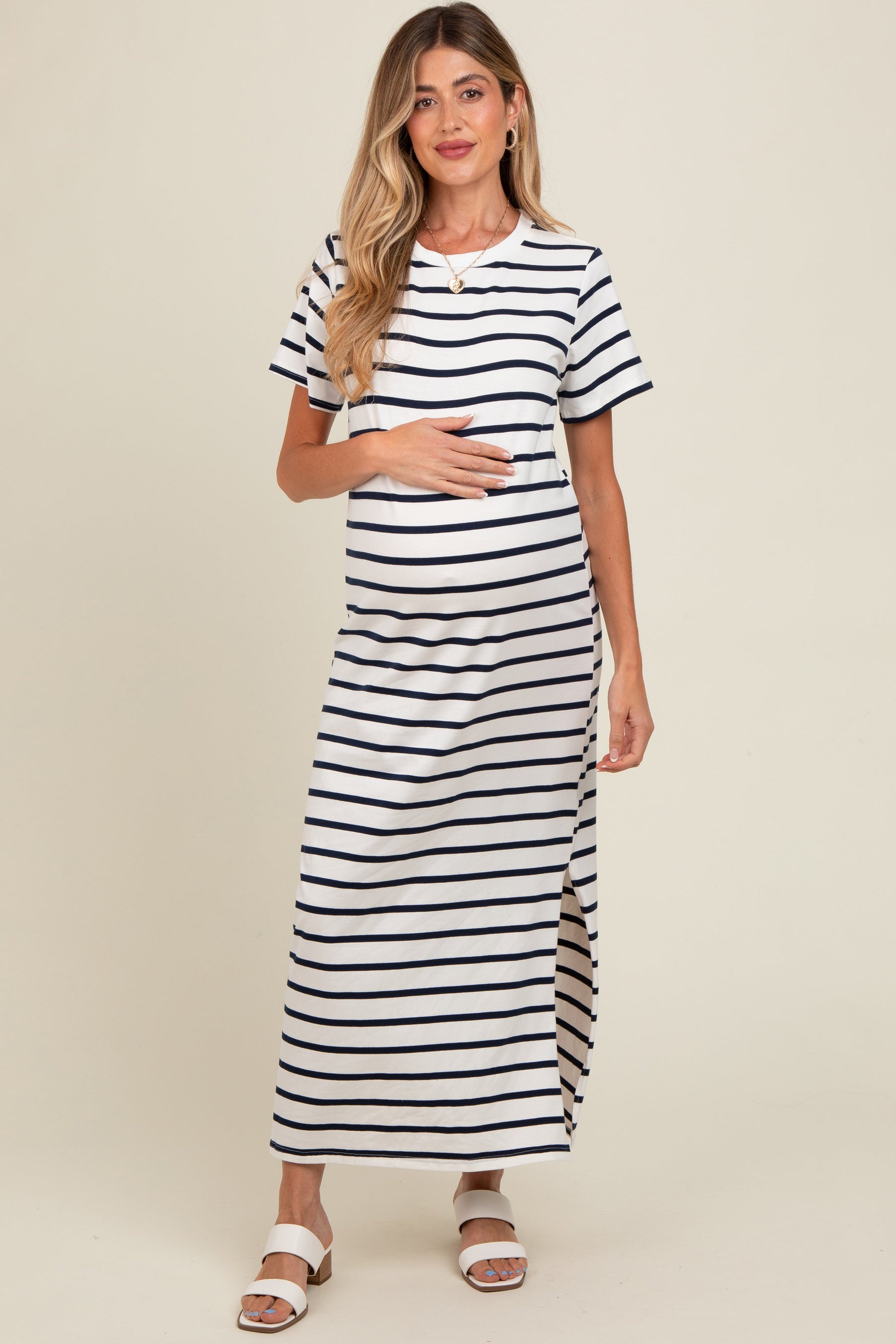 PinkBlush navy striped maternity maxi dress with side slit.