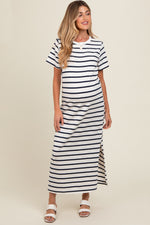PinkBlush navy striped side slit maternity maxi dress.